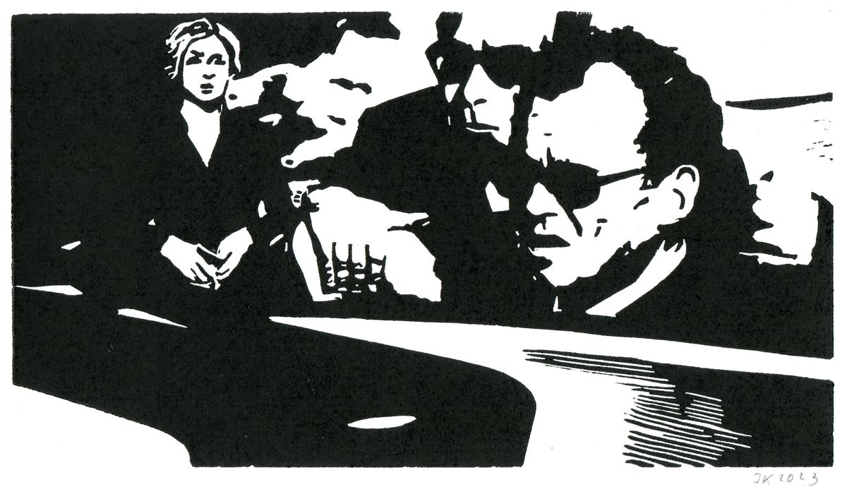 JAKOB KIRCHHEIM Miosga, Breschnew, Brandt, LinoldruckPapier, 13 x 23,6 cm, A4, 2023, 460 Euro JAKOB KIRCHHEIM - Miosga, Breschnew, Brandt - Image 1