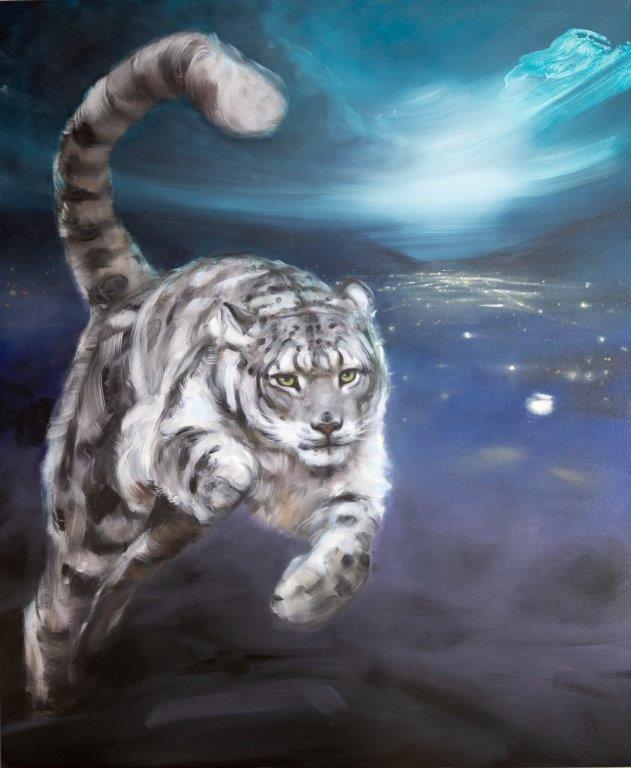 SIGRID NIENSTEDT |Schneeleopard und Stadtlichter|2022|Öl auf Leinwand|120x100cm SIGRID NIENSTEDT - Schneeleopard und Stadtlichter - Image 1