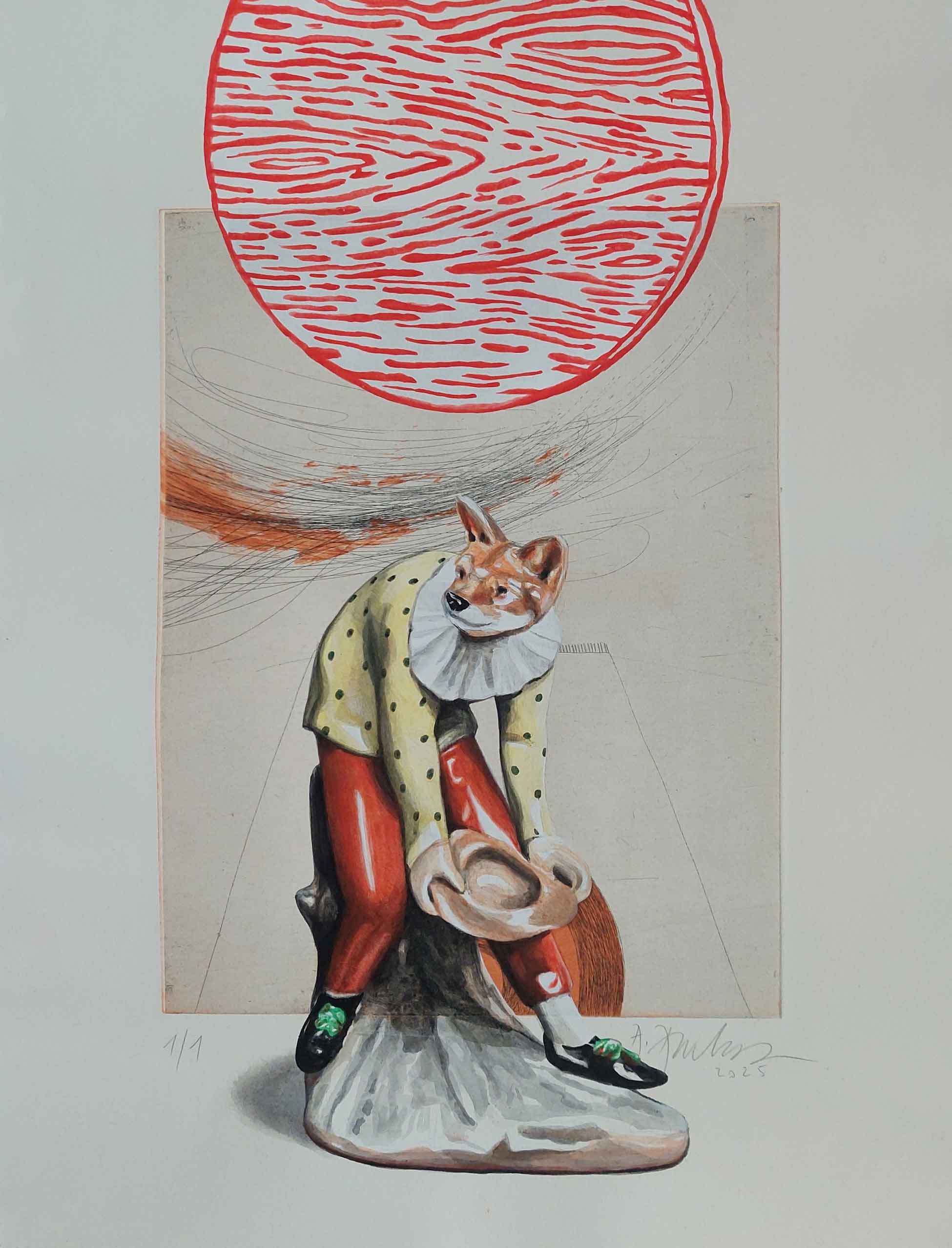 ANDREAS_AMRHEIN_Red_Disc_#2_2025_übermalte_Radierung_50_x_40_cm ANDREAS AMRHEIN - Red Disc #2 - Image 1