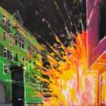 ART COMPASS - Jonas Hoedicke - Feuerwerk gelb Haus gruen - 60 x 40 cm